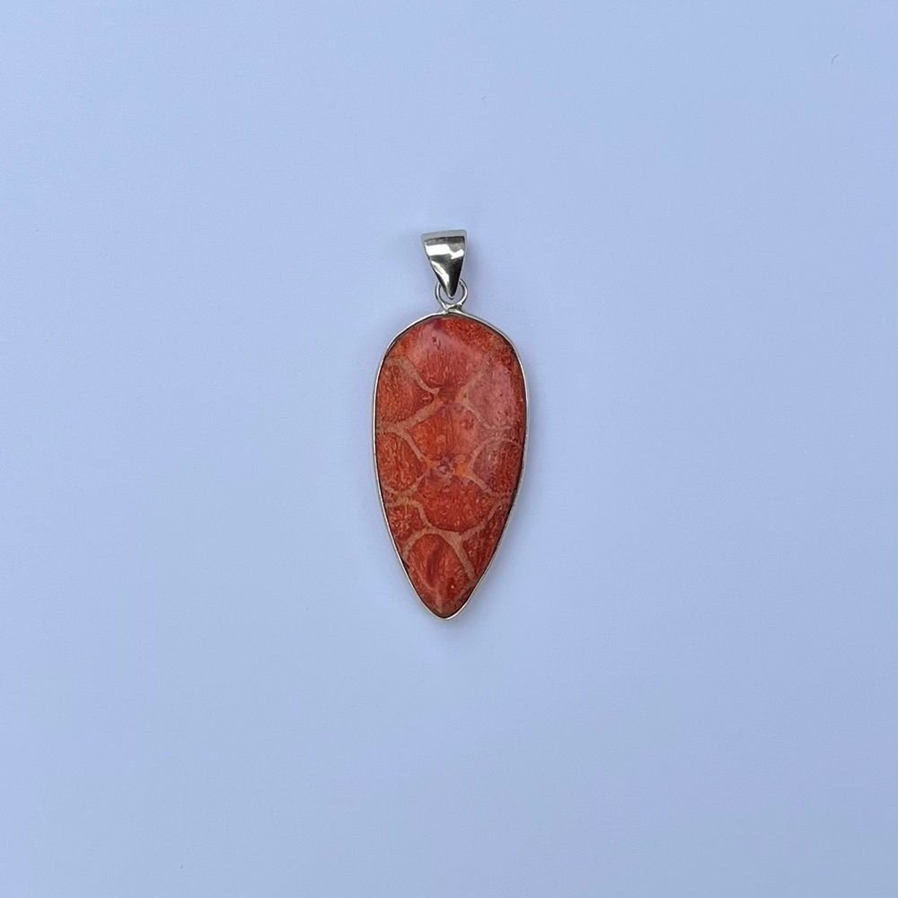 Red coral pendant - genuine red coral gemstone in a shiny .925 setting.